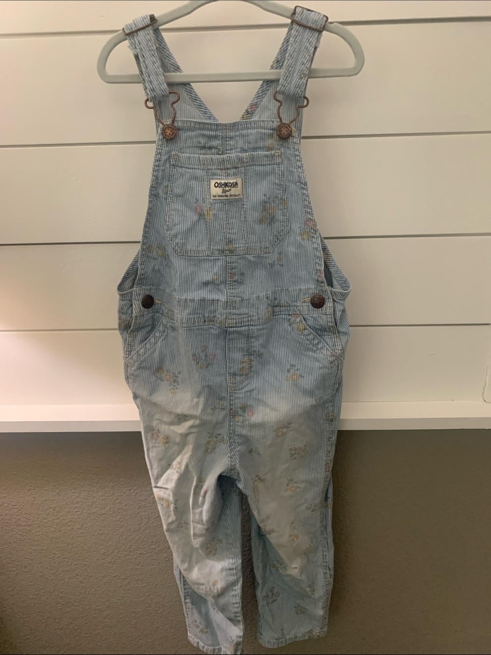 OshKosh Blue Pinstripe Floral Pocket Overalls Girls 5T